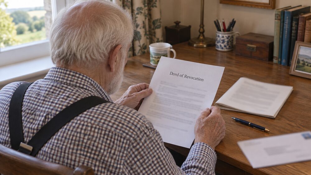 An older person signs a legal document while a witness signs beside them.