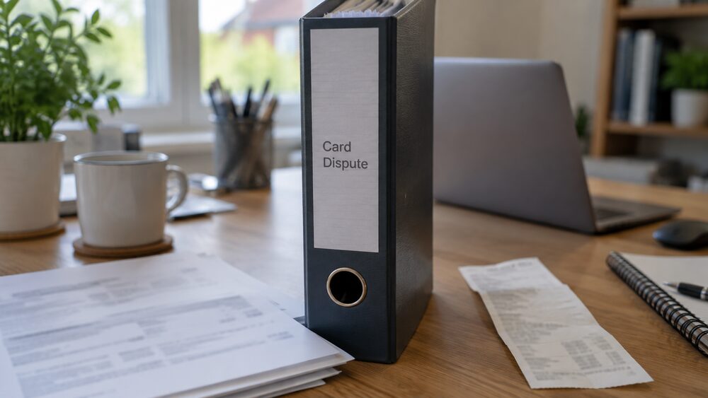 A wall calendar with one date circled has a bank card propped against it on a kitchen worktop, a kettle steaming behind.
