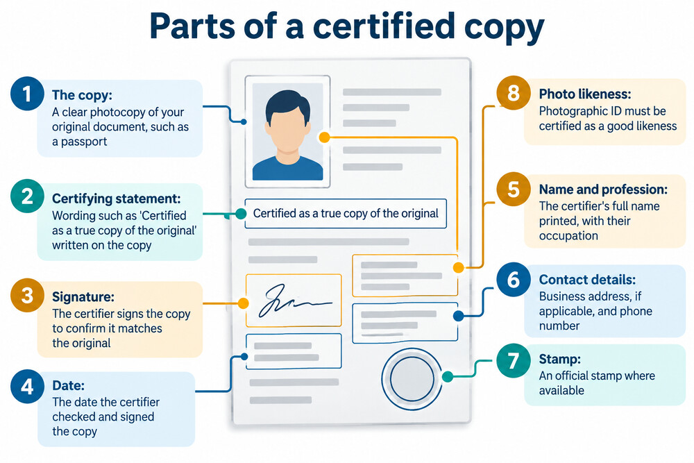 A certified copy of a passport, with the certifier's signature, date and contact details written across the photocopy