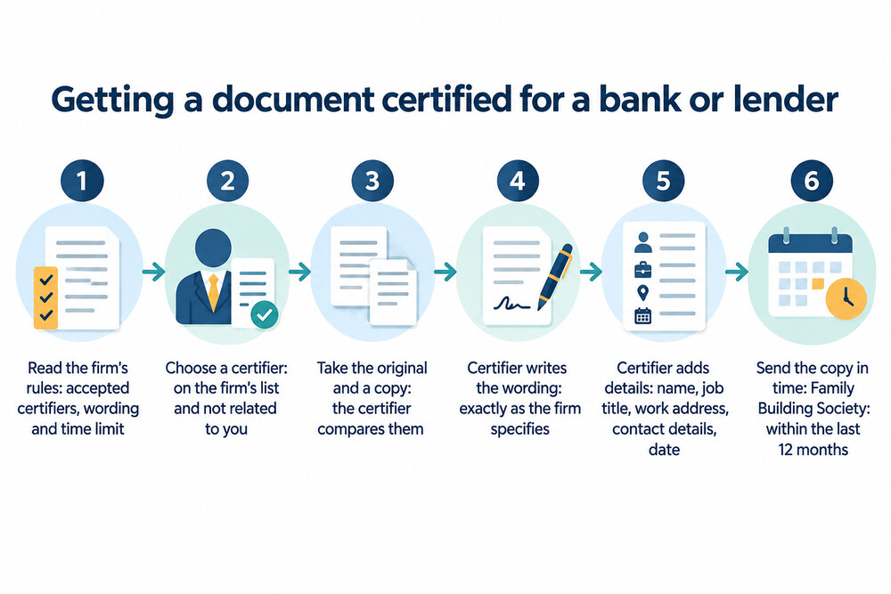 A flow showing how a certified copy is prepared, from reading the firm's rules to sending the copy