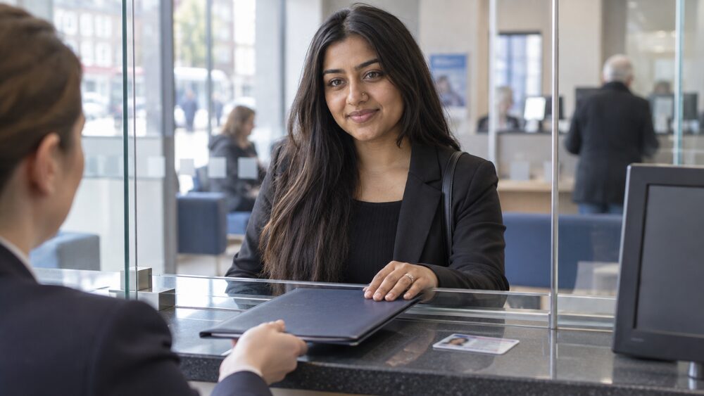 A young woman at a bank counter slides a certificate folder to the clerk, a photo ID card beside it on the counter.