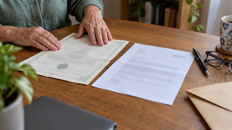 Hands smooth a marriage certificate beside a bank letter on a desk.
