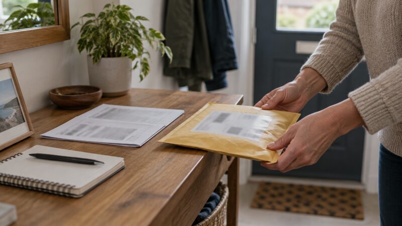 Hands slide a padded envelope beside a folded photocopy on a hallway table.