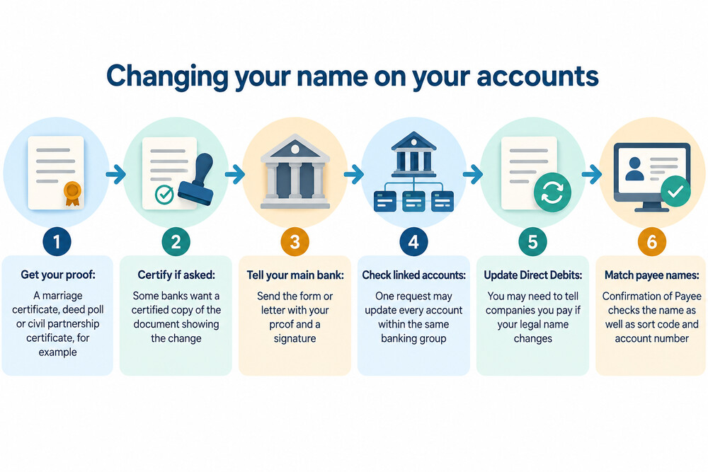 A person sorting documents such as a marriage certificate and deed poll next to a bank card and phone