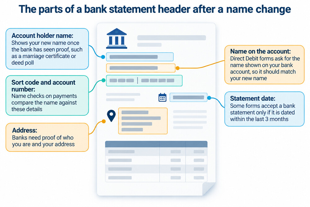 A bank statement showing an account holder's updated name