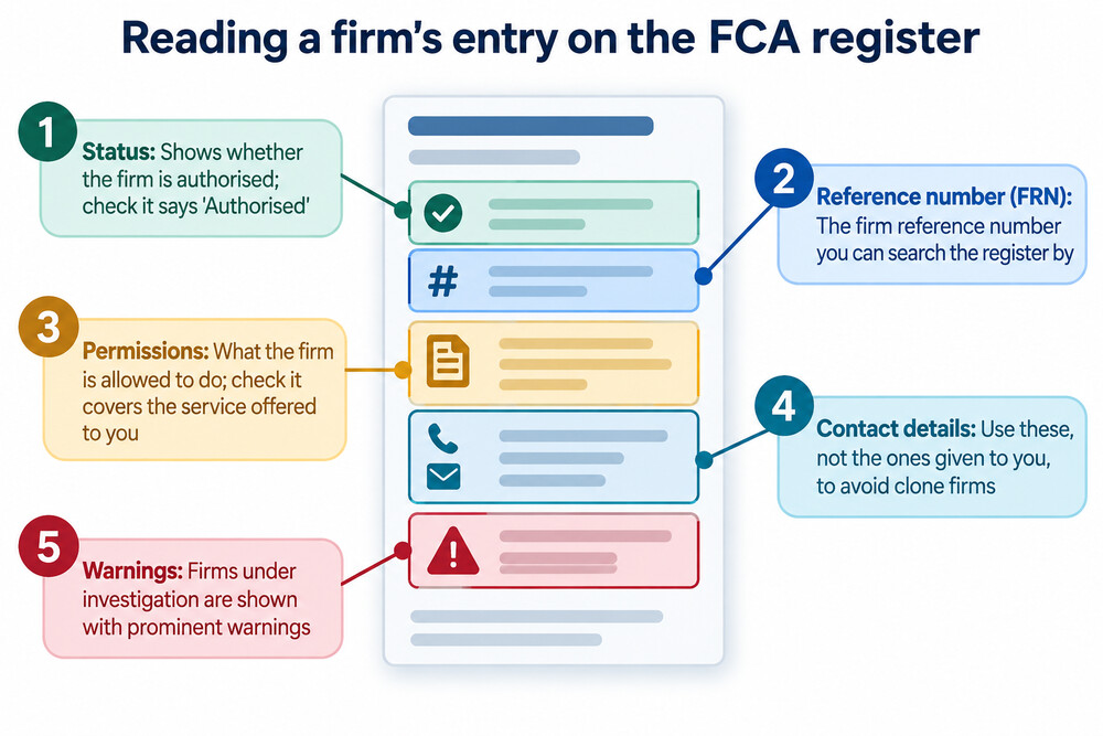 An example of a firm's entry on the FCA register, showing its status and permissions