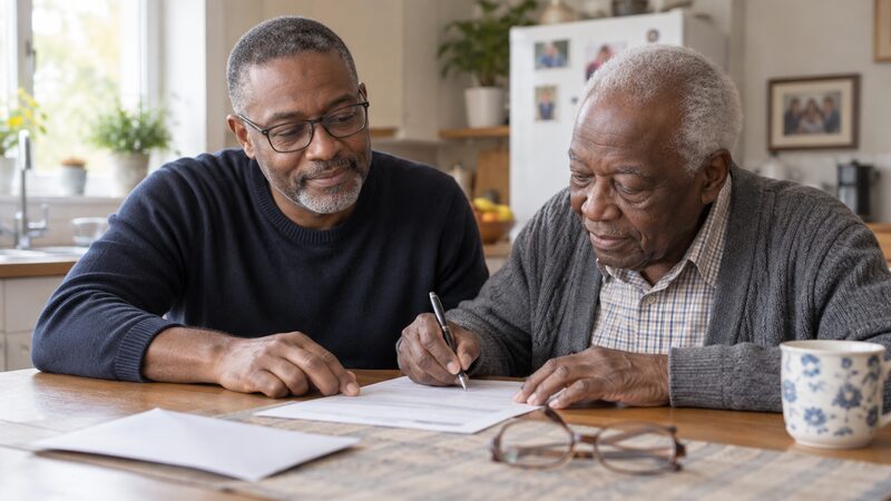 A man helps an older relative fill in a form at a kitchen table.
