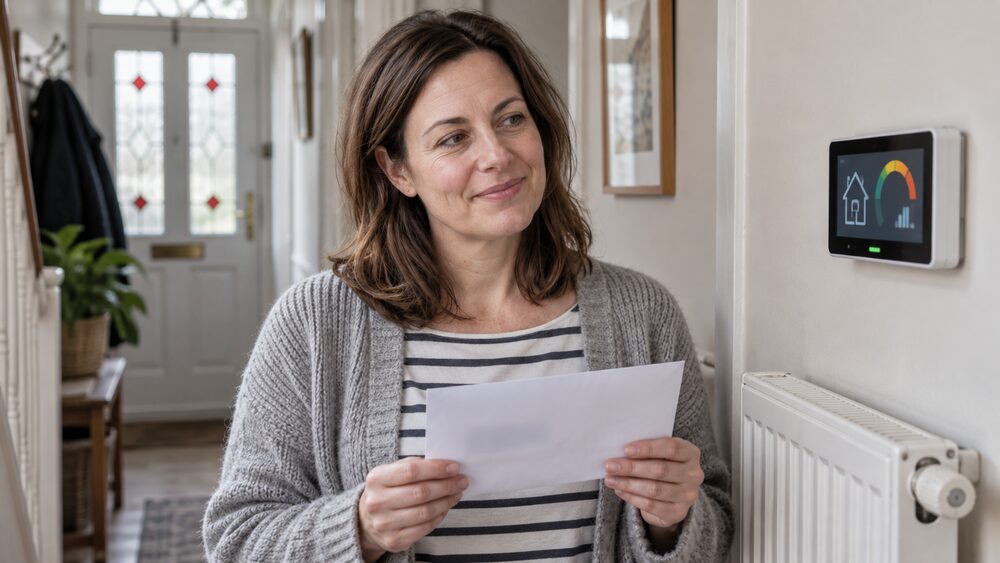 A woman stands in a hallway holding a final bill envelope, glancing at a smart meter display on the wall beside her.