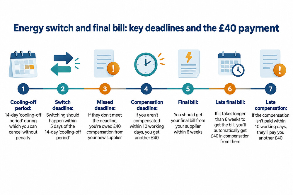 A simple timeline showing the cooling-off period, the five working day switch deadline and the point at which £40 becomes payable