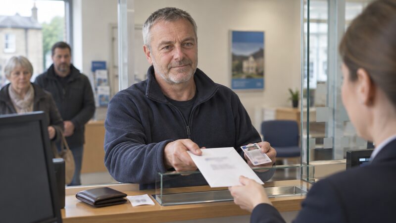 A man hands a sealed envelope and ID to a cashier at a branch counter.