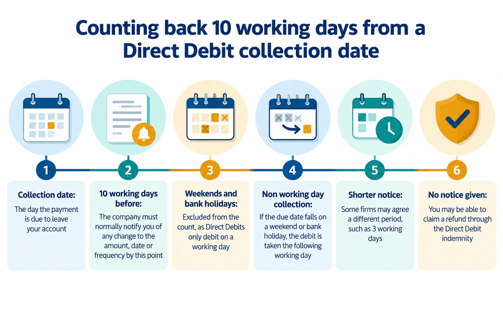 A calendar showing a Direct Debit collection date with 10 working days counted back, weekends greyed out