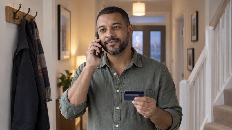 A man stands in a hallway holding a phone and debit card.