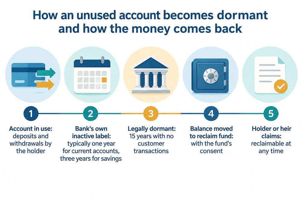 A timeline showing an account moving from active, to inactive, to legally dormant and transferred, and then reclaimed