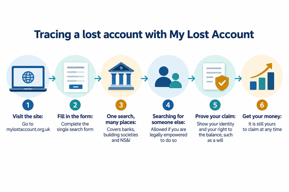 The My Lost Account online search form, asking for details of a forgotten account such as the provider, old addresses and rough balances