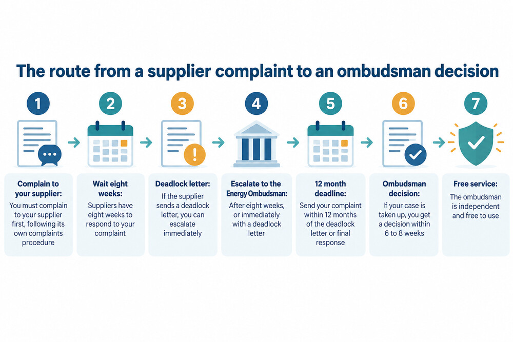 A simple flow showing a complaint moving from supplier to ombudsman