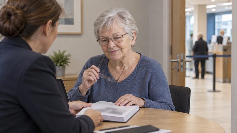 A customer in a quiet side room at a bank branch, talking to a member of staff at a booked appointment