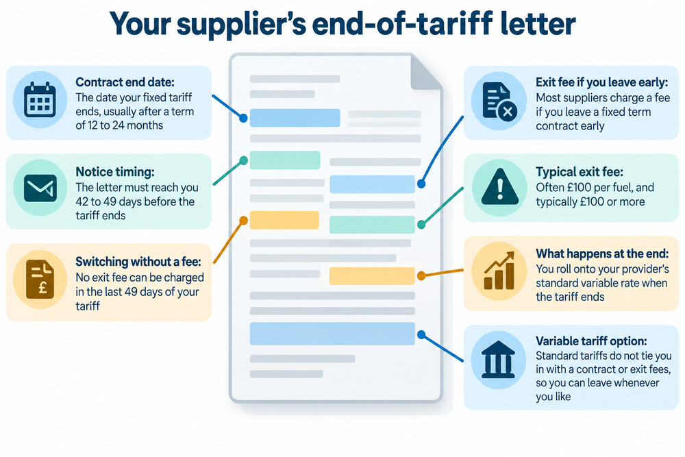A supplier's end-of-tariff letter showing the contract end date and the switching options
