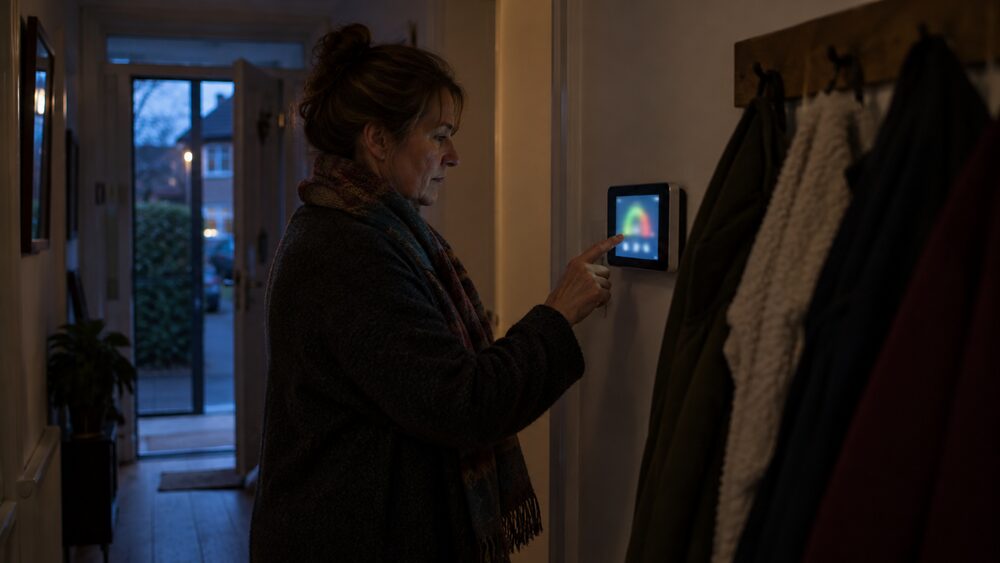 A glowing smart meter display is mounted on a dim hallway wall beside a coat rack and open door.