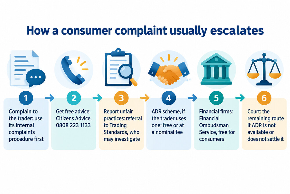 Diagram showing a complaint moving from the trader to advice, then to an ADR scheme or ombudsman, then to court