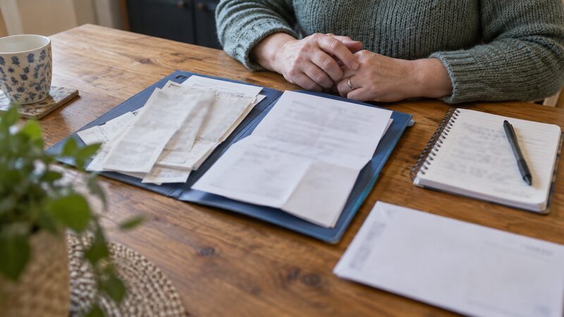 Court claim paperwork filled in by hand on a desk, with a pen and a folder of correspondence with the trader