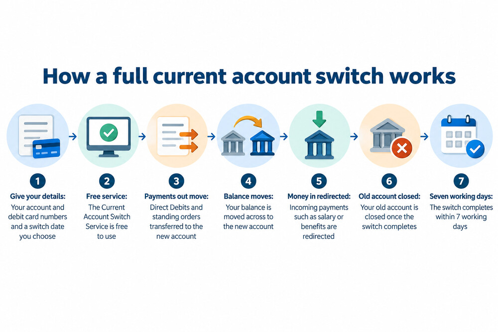 A diagram showing how a full bank switch moves payments, balances and incoming salary from an old account to a new one