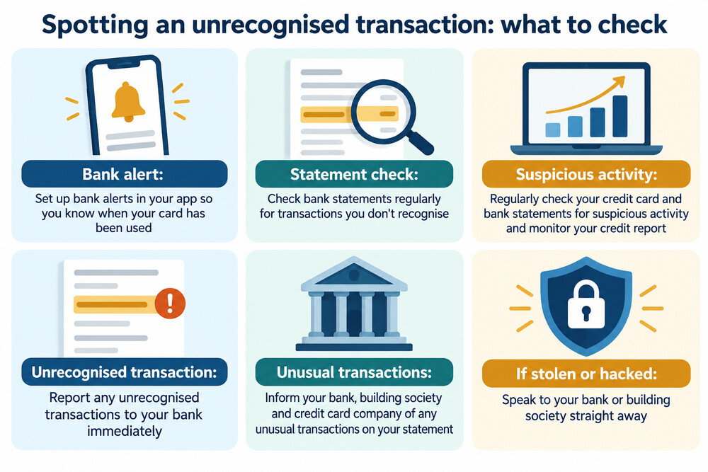 A phone screen showing bank alerts and a statement with an unrecognised transaction highlighted