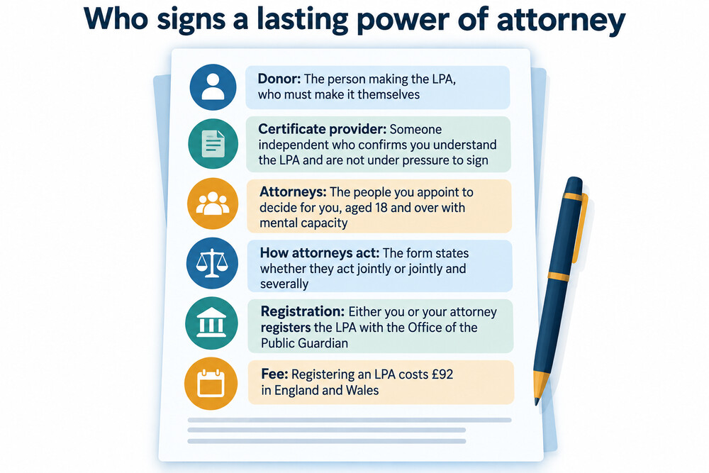 Close-up of the signature pages of a lasting power of attorney form, showing donor, attorney and certificate provider signature blocks