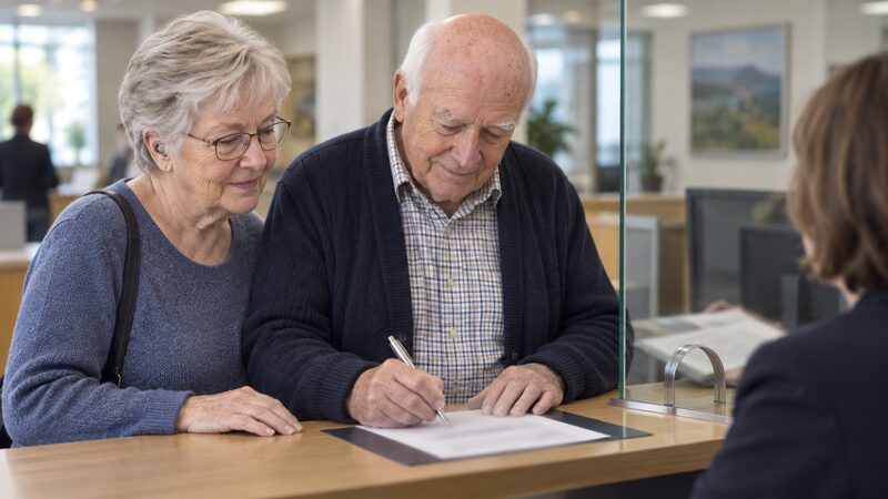 A man signs a slip at a bank counter while a woman waits beside him.