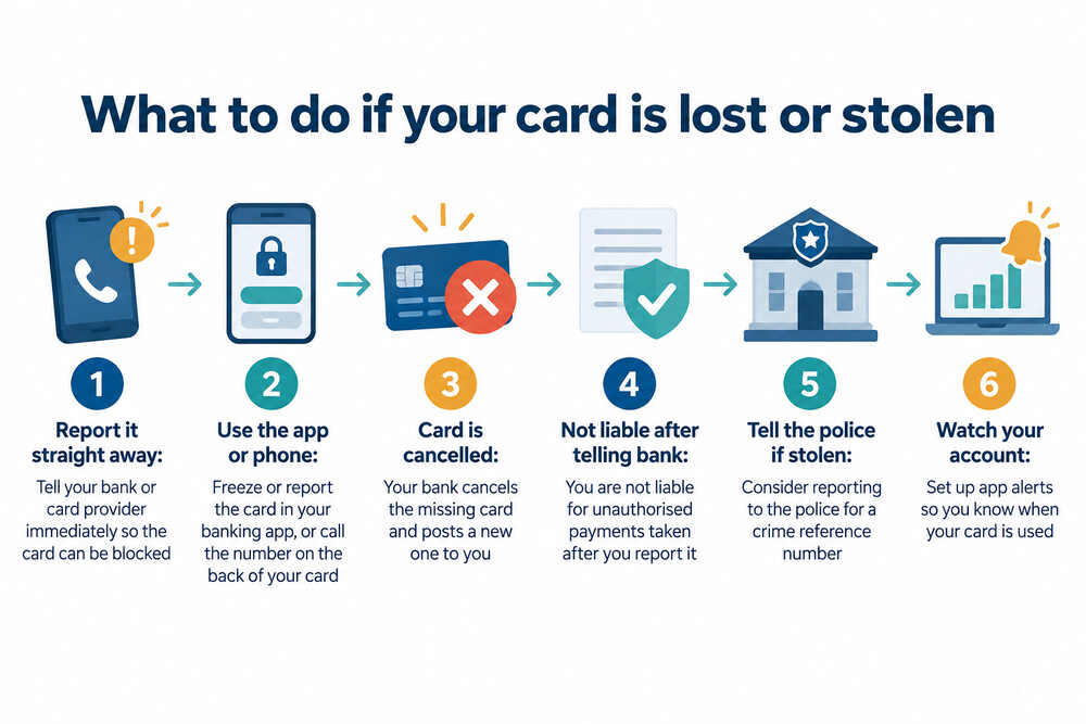 A person holding a smartphone showing their banking app's card management screen, about to tap the option to report a card lost or stolen