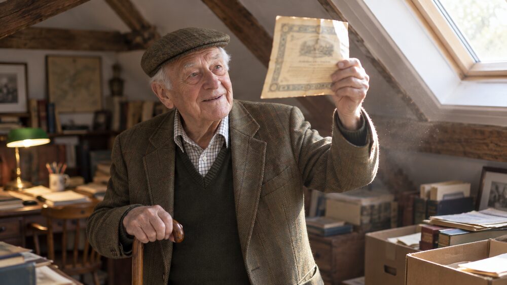 An elderly man in an attic study holds an old paper share certificate up to the window light.