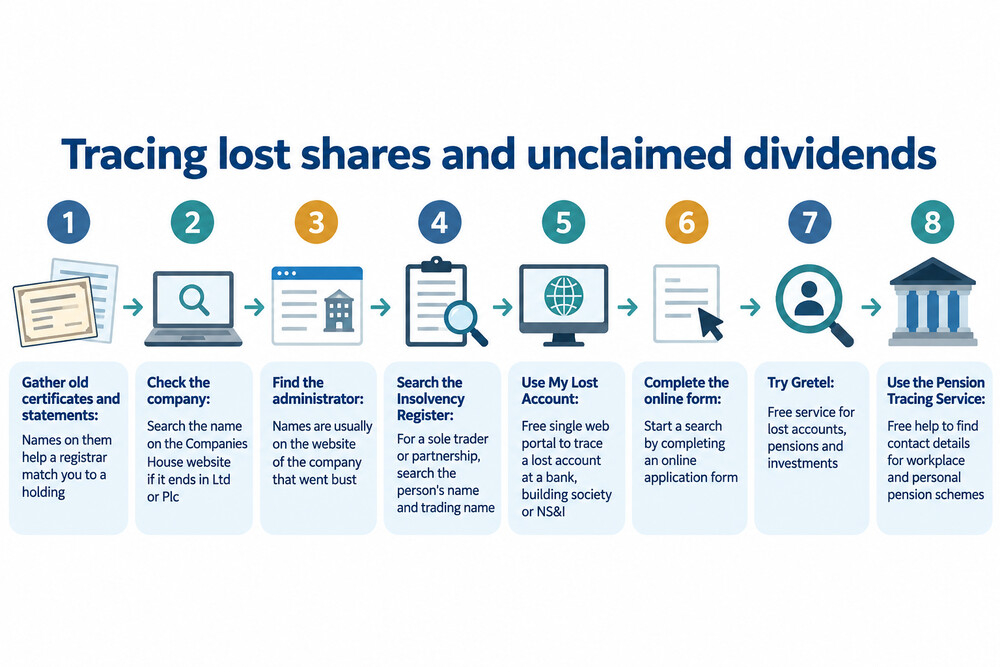 A desk with old share certificates, dividend statements and a laptop showing a tracing form
