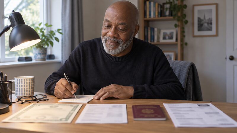A retired man sits at a desk laying out old documents and ticking them off a list.