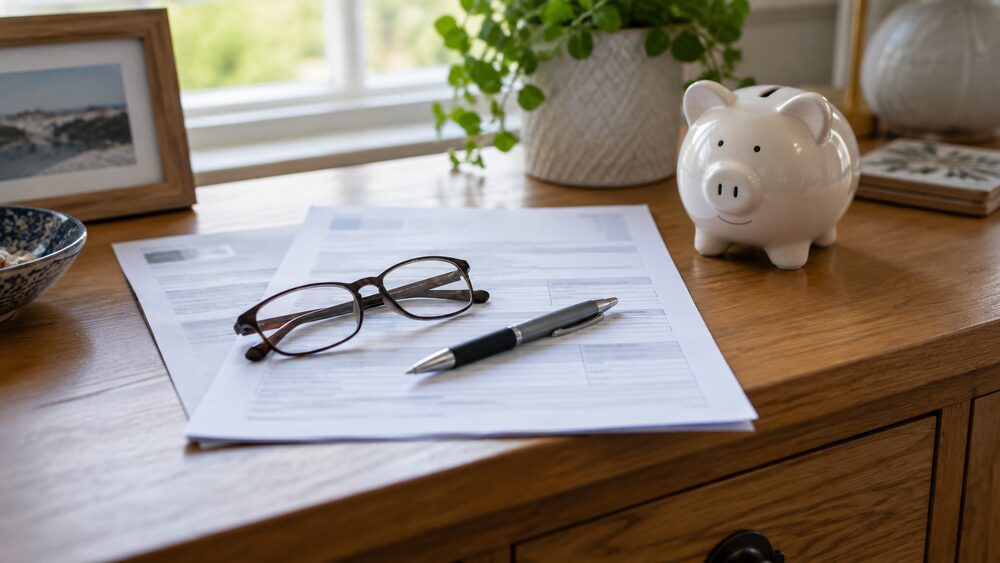 A blank application form lies on a sideboard with a pen, glasses and a small piggy bank.