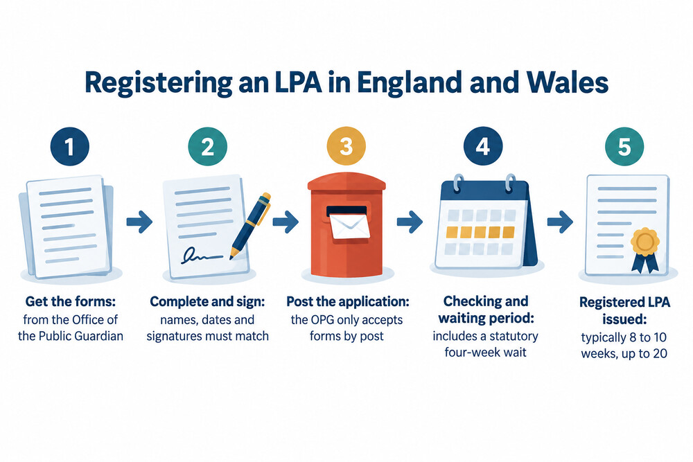 A diagram of the LPA registration process from form to registered document