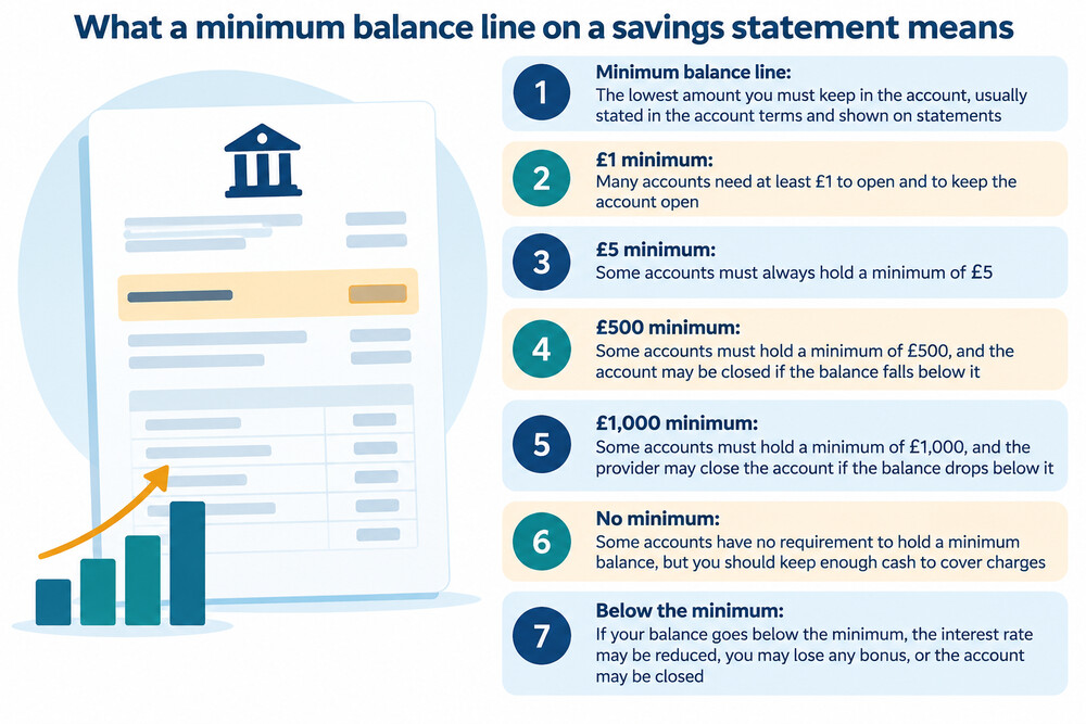 A savings account statement showing a £1 minimum balance line