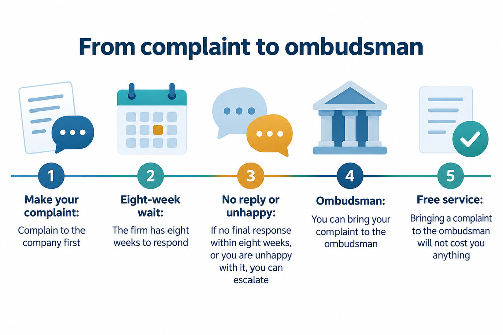 A simple timeline showing a complaint being made, the eight-week wait, and the point at which an ombudsman can be approached