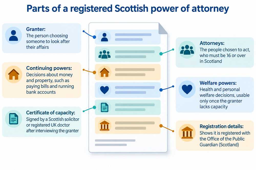 A Scottish power of attorney form being signed by an older person with a solicitor present
