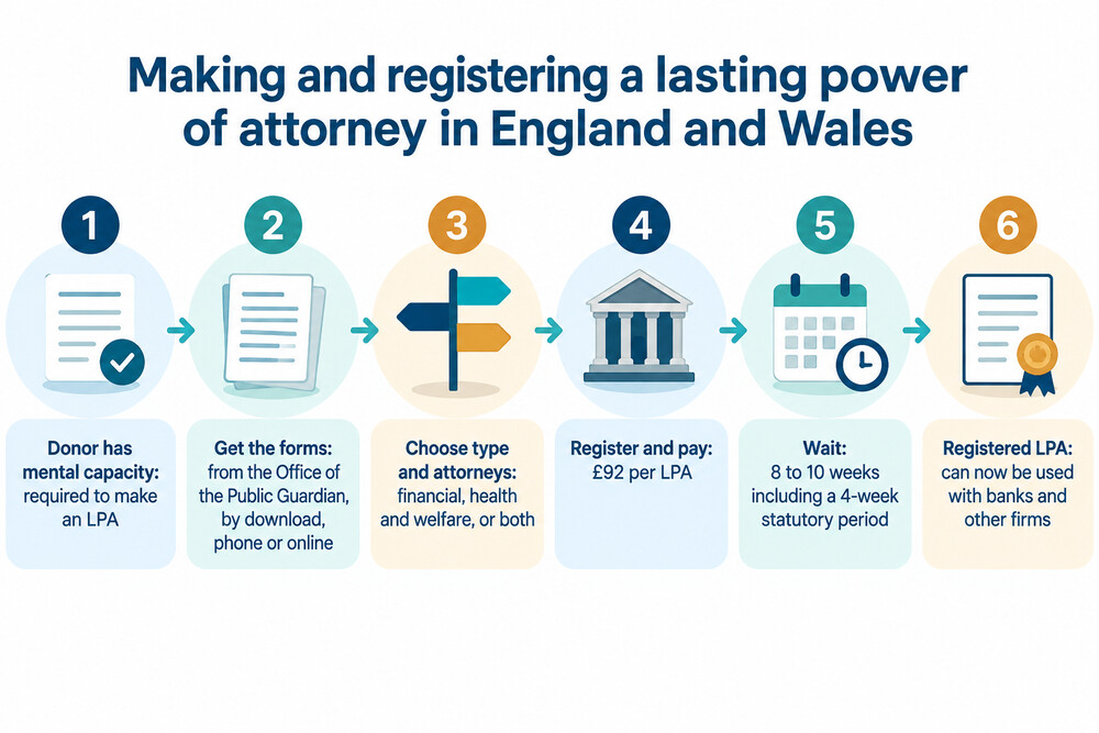 A flow chart showing the steps from filling in the forms to a registered lasting power of attorney