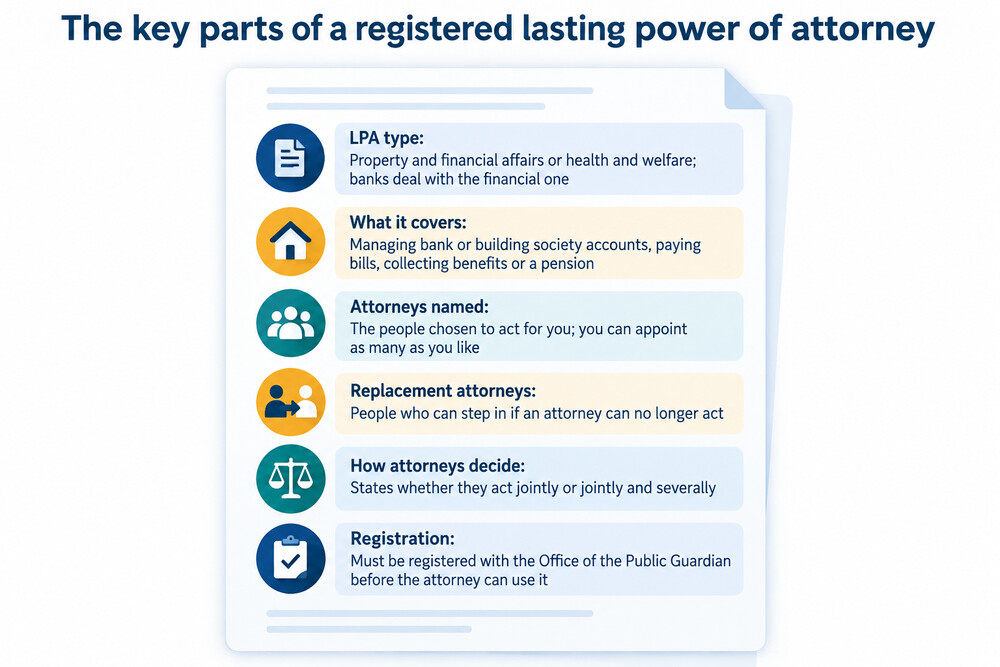 A registered lasting power of attorney document as a bank would need to see it