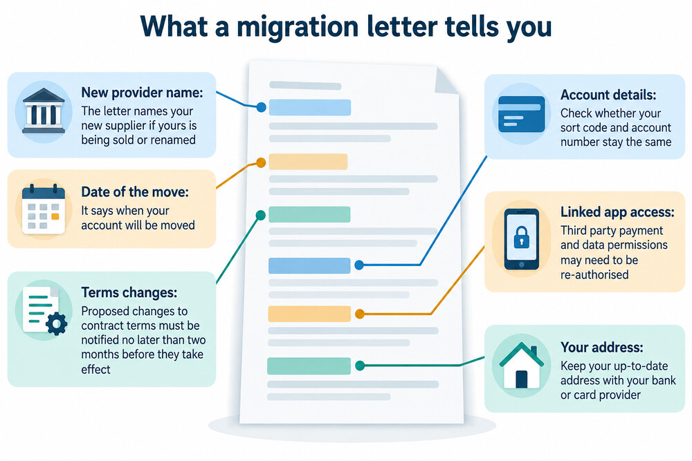 A letter from a bank telling a customer their account is moving to a new provider, with the migration date highlighted