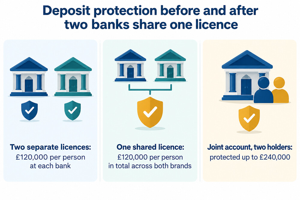 Protection before and after two banks combine under one licence