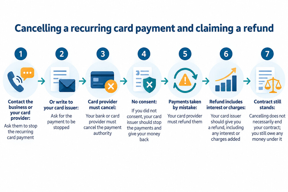 A short checklist showing the steps to cancel a recurring card payment and claim a refund