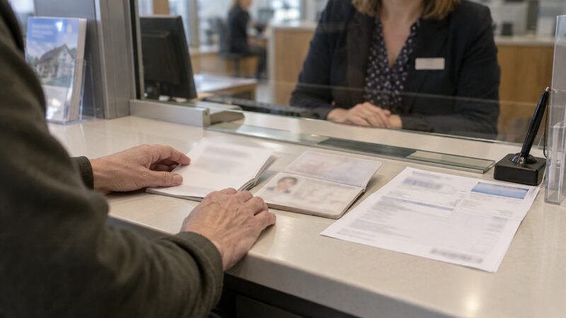 Hands arrange a power of attorney document, passport and utility bill on a branch counter.