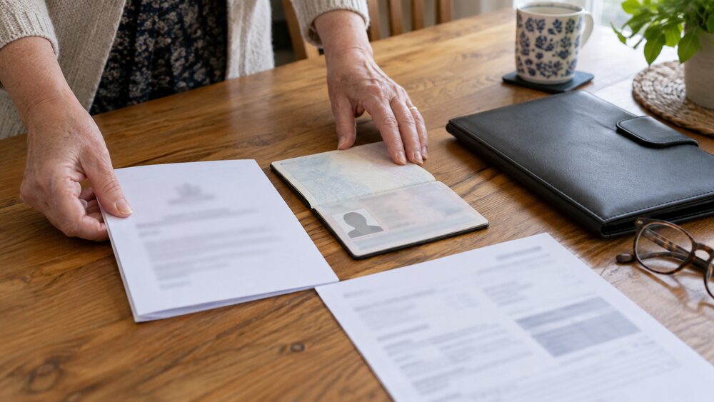 Hands lay out a power of attorney document, passport and utility bill on a table.