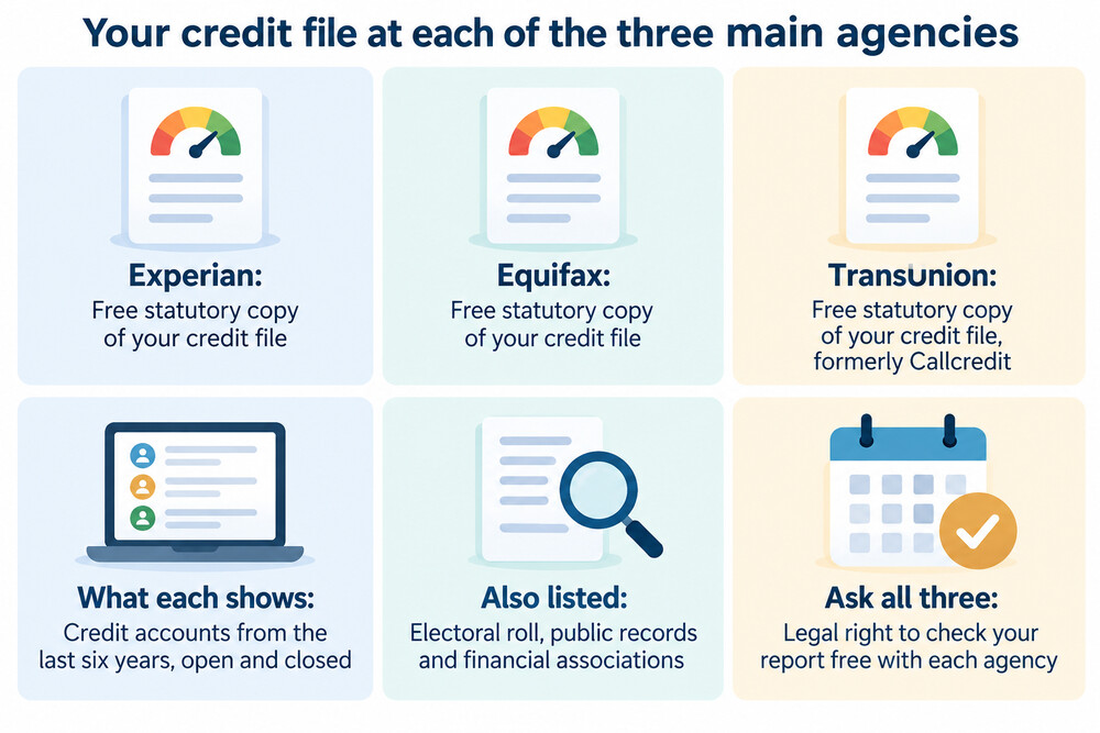 A person comparing three separate printed credit files side by side, one from each agency