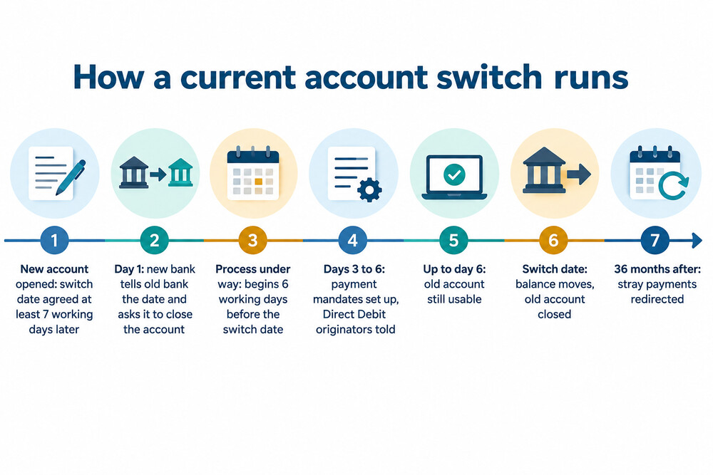 A timeline showing the seven working days of a current account switch, from agreeing a date to switch day