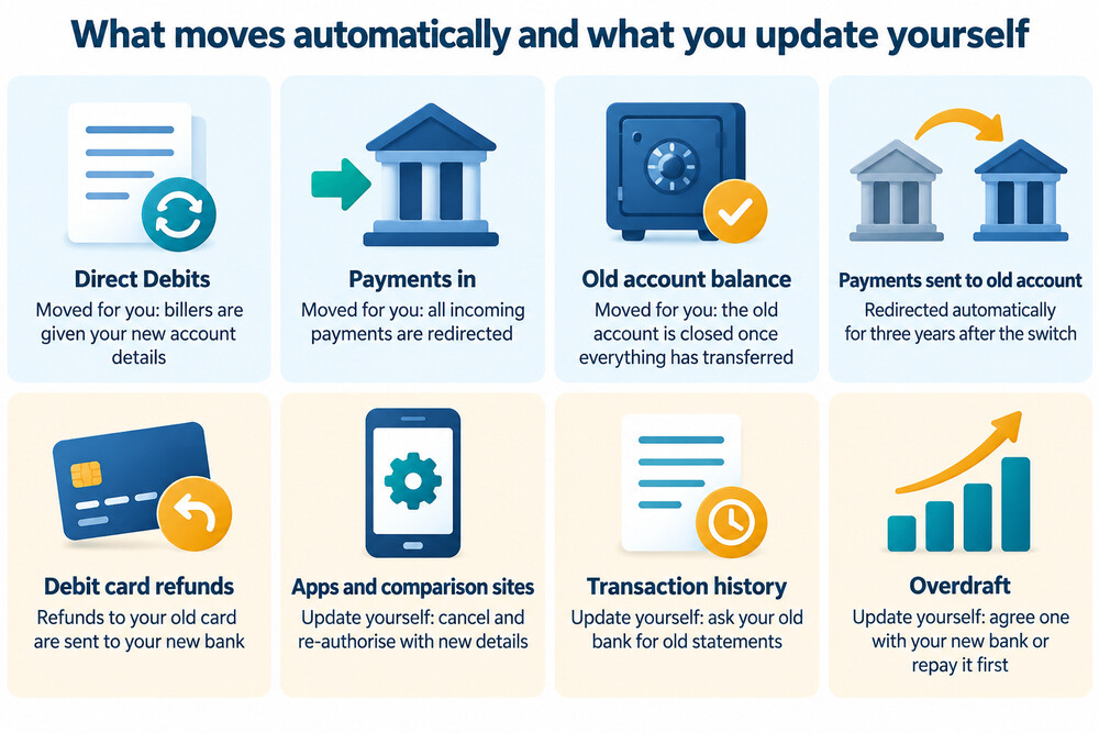 A checklist of the payments and permissions that do not move automatically when you switch bank account