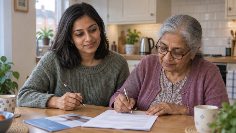 A woman sits beside her elderly mother at a kitchen table as she signs a form.
