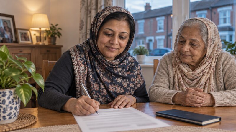 A woman signs a form at a dining table while her elderly mother watches.