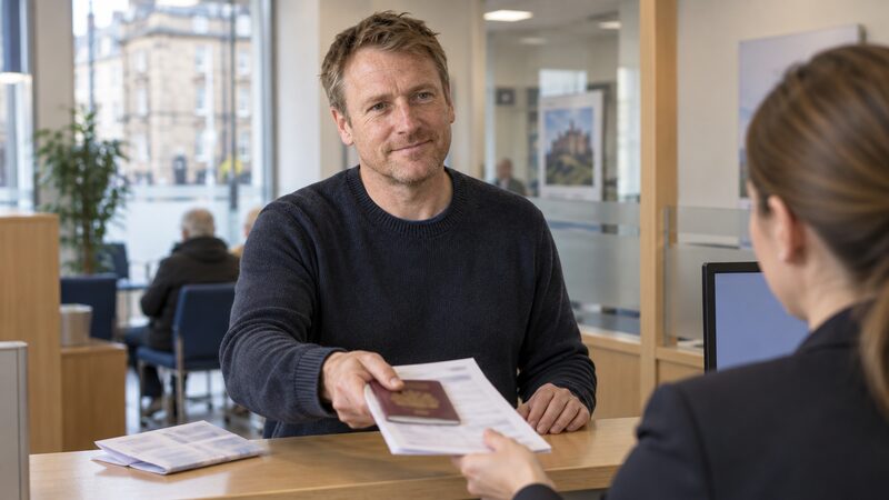 A man hands a claim form and passport to a staff member at a branch counter.